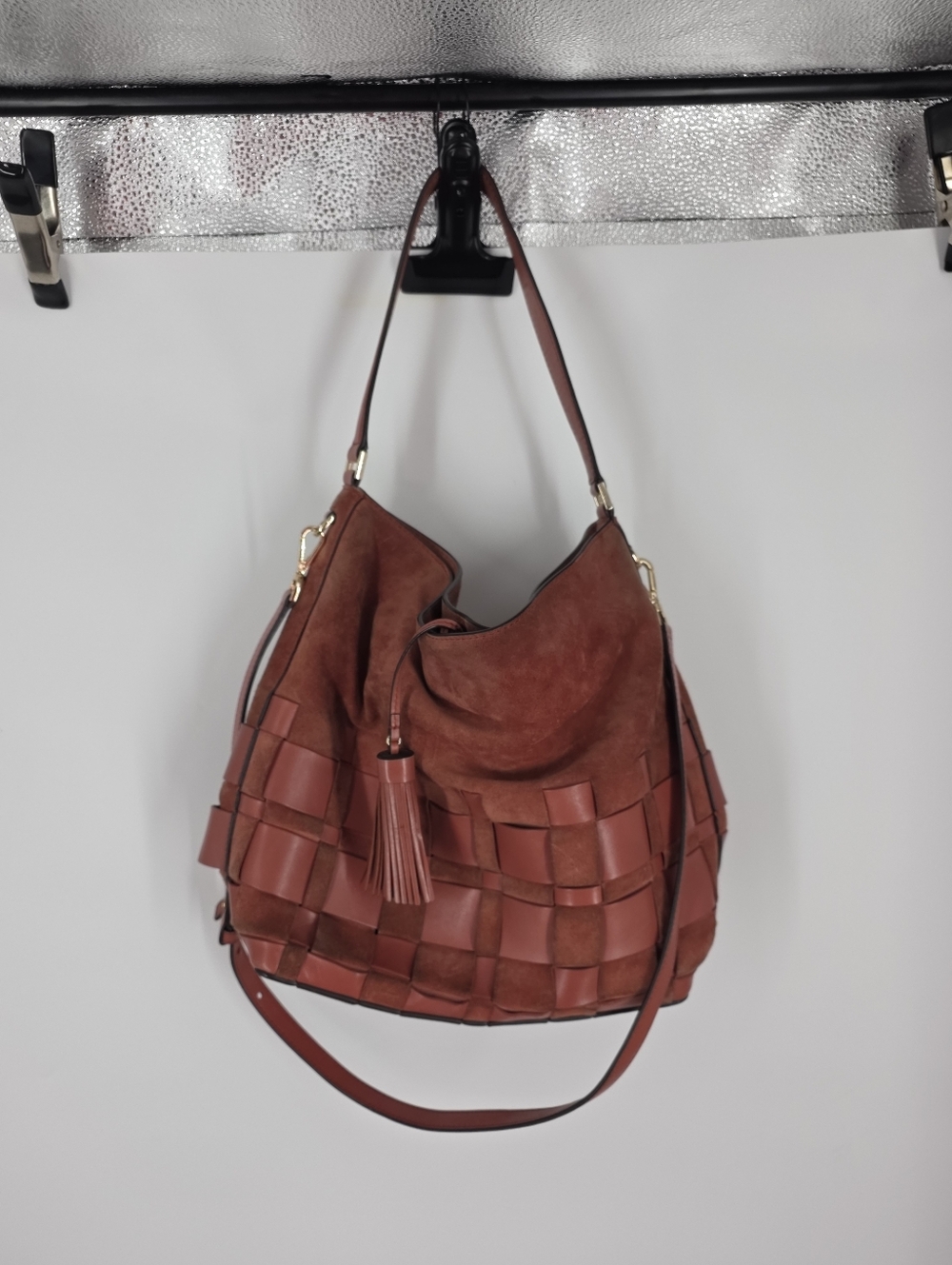 Michael Kors Woven Suede Leather Hobo Bag Large Shoulder Crossbody Cognac Orange